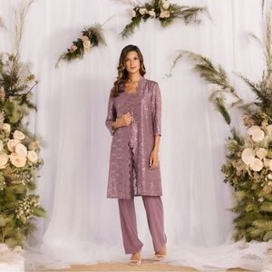 3-Pcs Pants Suit R&M Richards Donna Metallic Lace Tank Top Pants Lace Jacket Set